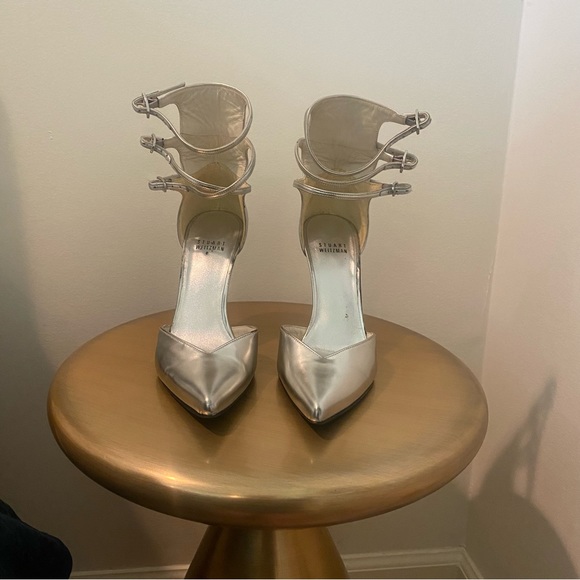 Stuart Weitzman Silver Pointy Toe Multi Ankle Strap Heels - Picture 2 of 6